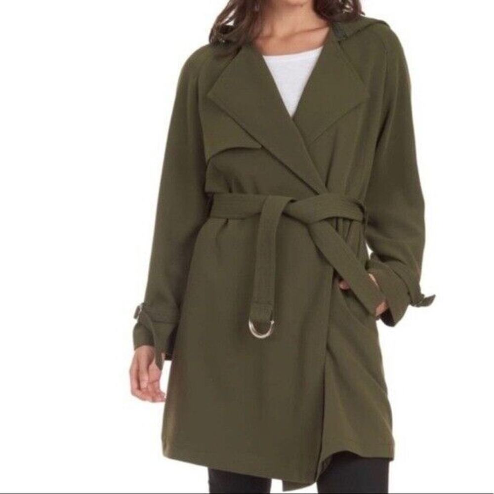 NWT Rachel Roy dark green water repellent crepe hooded trench coat w/ pockets